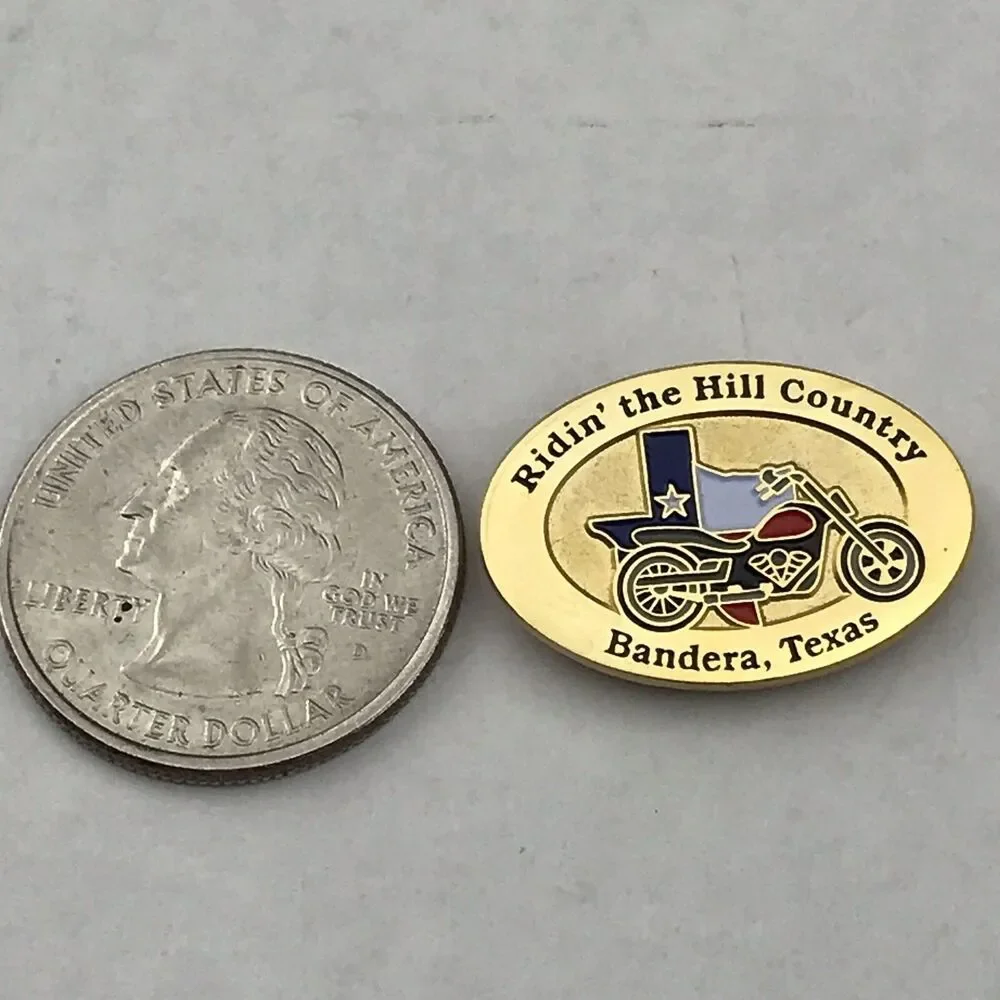 Ridin' The Hill Country Bandera Texas Pin Brooch Gold Tone Enamel Motorcycle